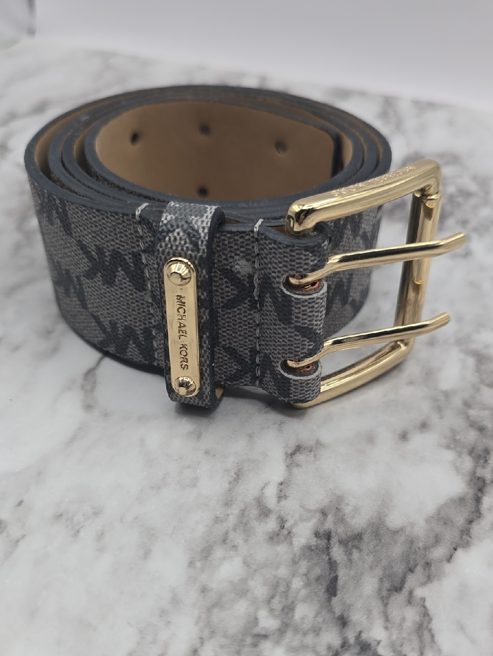 Michael Kors Gray Monogram Canvas Belt with Gold Hardware